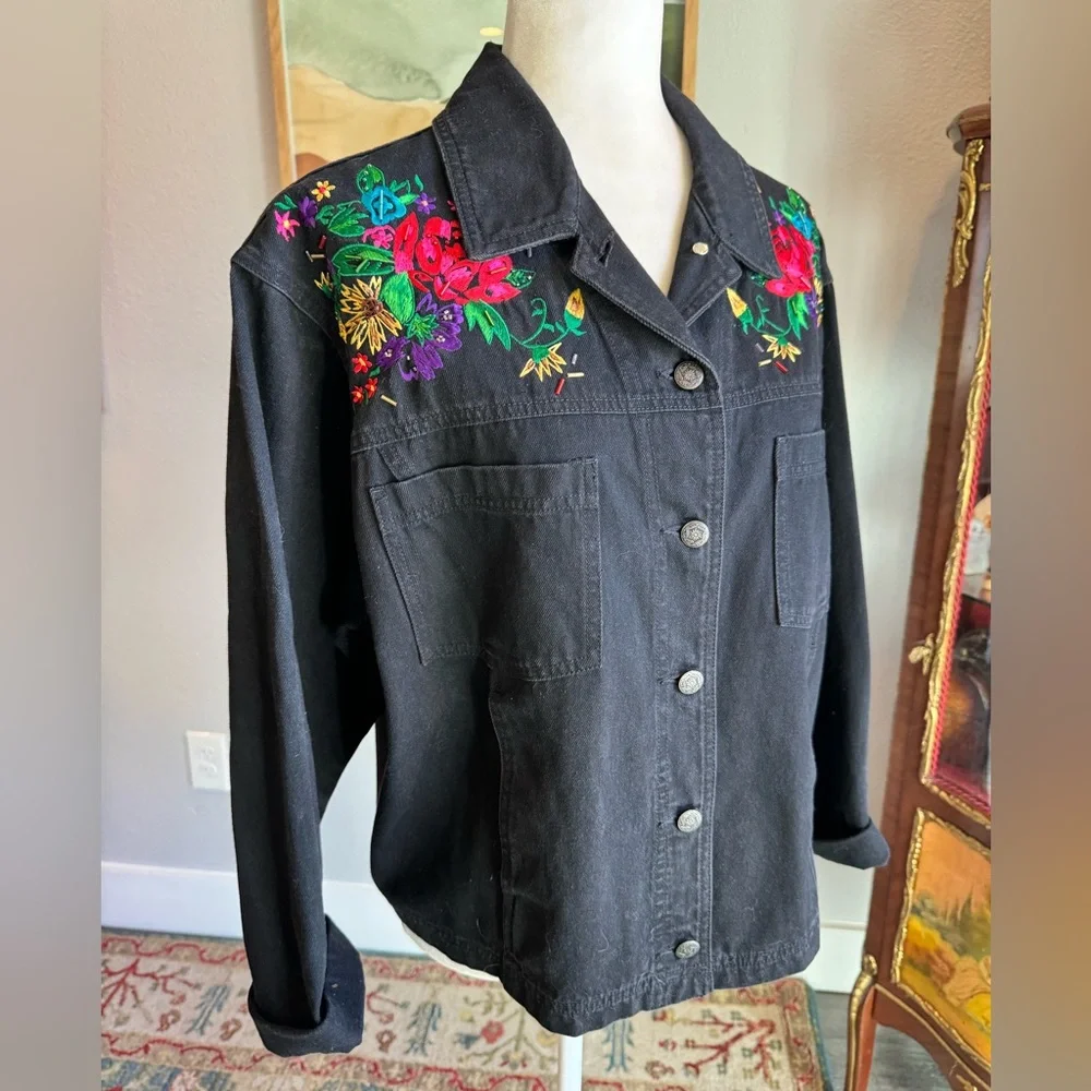 Carole Little Black Denim Jacket with Embroidery - Picture 2 of 9